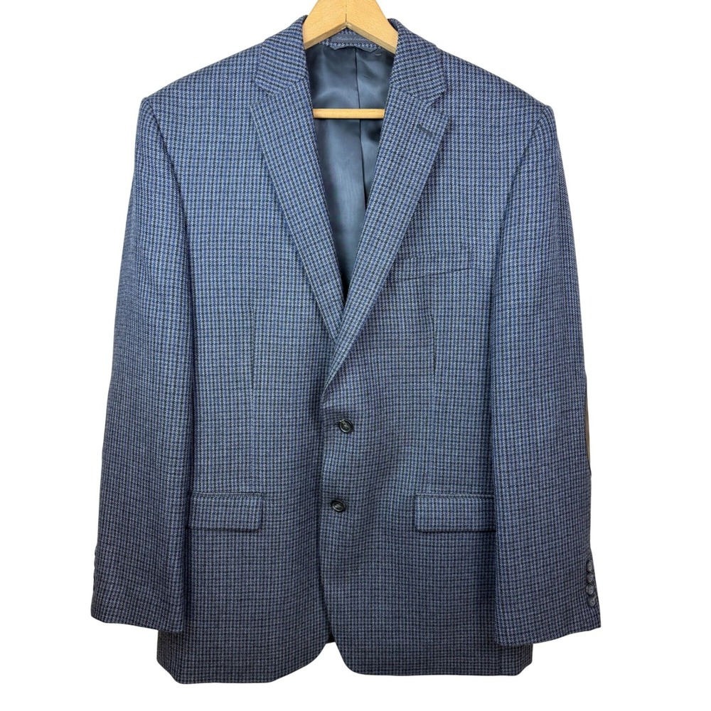 Chaps Sport Coat Blazer Mens‎ 42L Blue Check Wool Elbow Patch Classic Fit